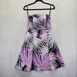 Gap Stretch Tropical Palm Leaf Strapless‎ Fit & Flare Dress Purple Black Size 6